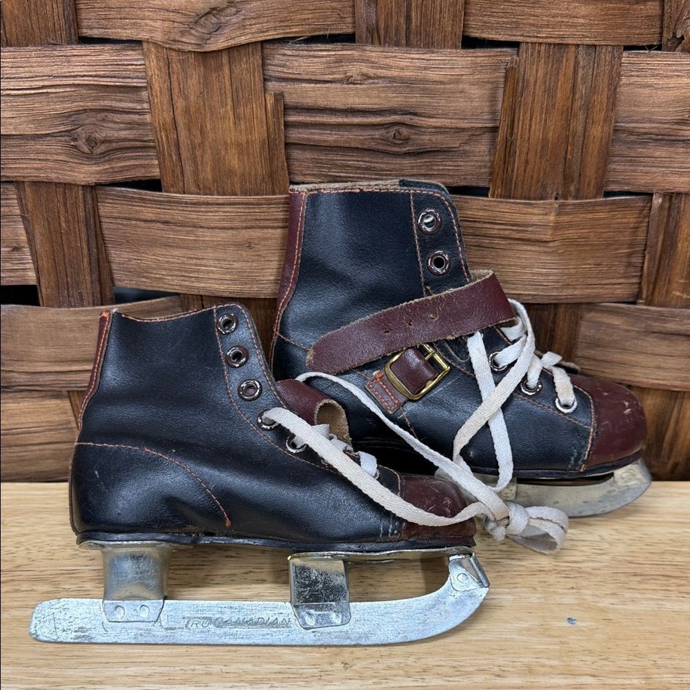 Antique Tru Canadian Kids Black and Brown Ice Skates Promotional